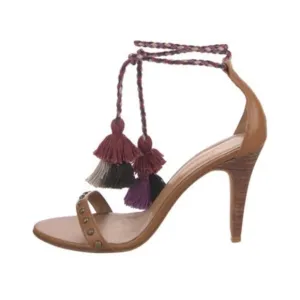 Ulla Johnson tassel pom pom tie up studded tan leather heeled sandals 40/ 9.5