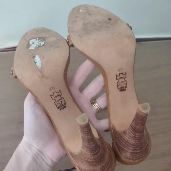 Ulla Johnson tassel pom pom tie up studded tan leather heeled sandals 40/ 9.5