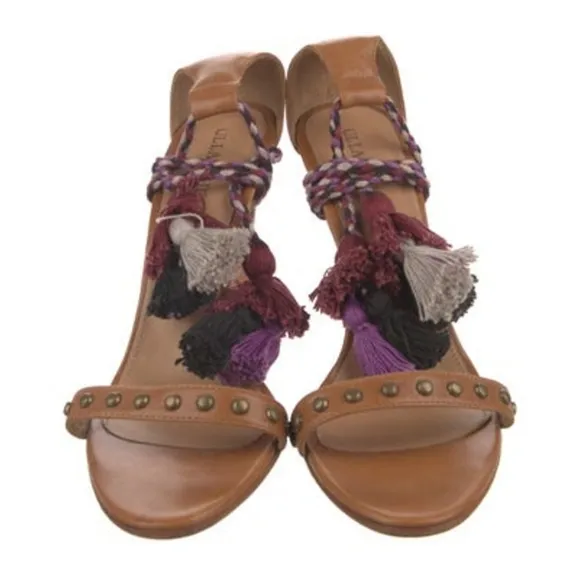 Ulla Johnson tassel pom pom tie up studded tan leather heeled sandals 40/ 9.5