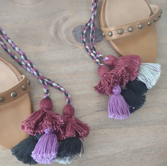 Ulla Johnson tassel pom pom tie up studded tan leather heeled sandals 40/ 9.5