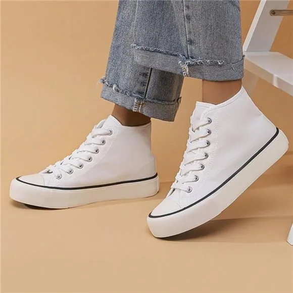 Unisex Simple &amp; Fashionable Basic White High-Top Canvas Shoes With Flat Soles