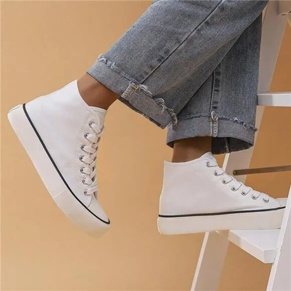 Unisex Simple &amp; Fashionable Basic White High-Top Canvas Shoes With Flat Soles