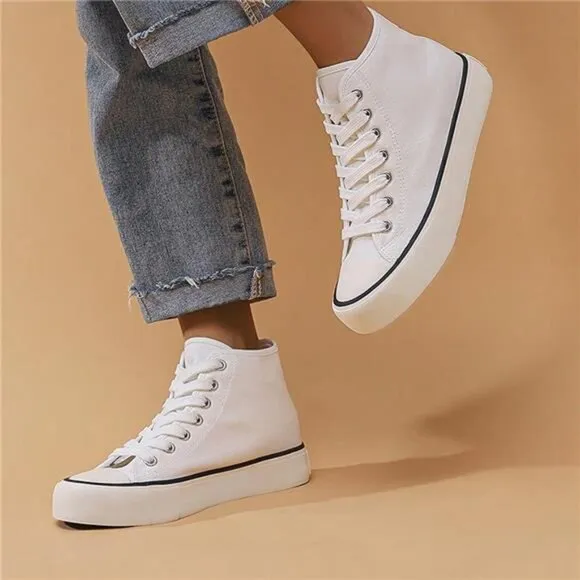 Unisex Simple &amp; Fashionable Basic White High-Top Canvas Shoes With Flat Soles