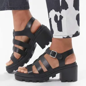 URBAN OUTFITTERS Womens Black Leather Edgy Grunge Lia Fisherman Heeled Sandals