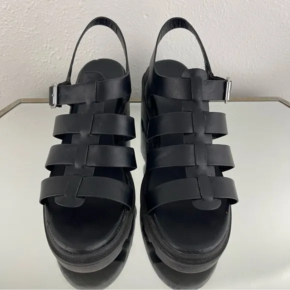 URBAN OUTFITTERS Womens Black Leather Edgy Grunge Lia Fisherman Heeled Sandals
