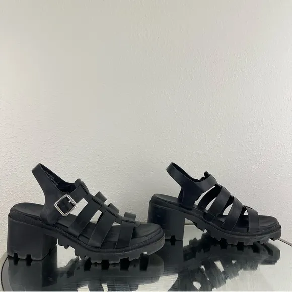 URBAN OUTFITTERS Womens Black Leather Edgy Grunge Lia Fisherman Heeled Sandals
