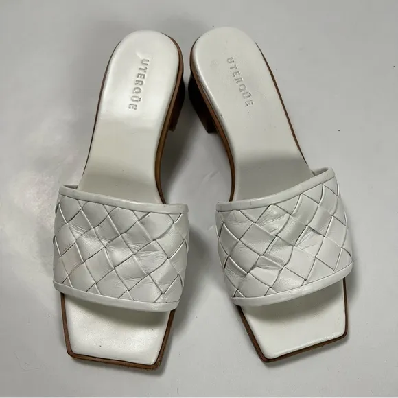 UTERQUE White Square Toe Leather Woven Sandals Sz 38