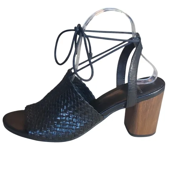 Vagabond Carol Black Leather Woven Strappy Block Heel Sandals
