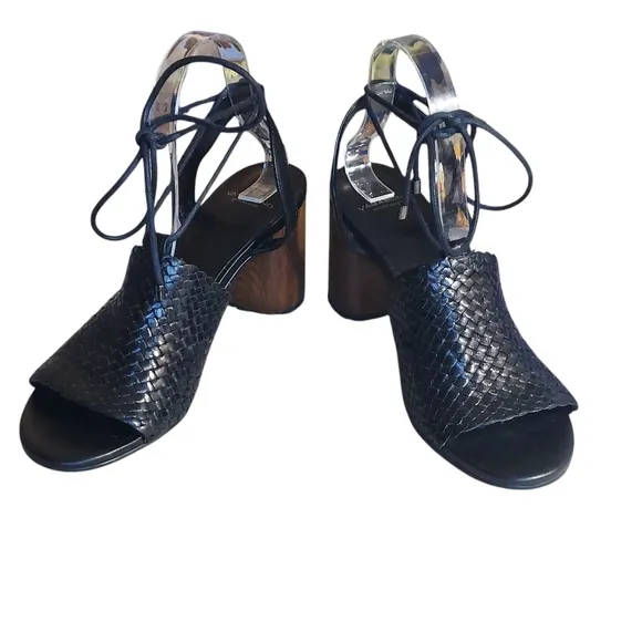 Vagabond Carol Black Leather Woven Strappy Block Heel Sandals