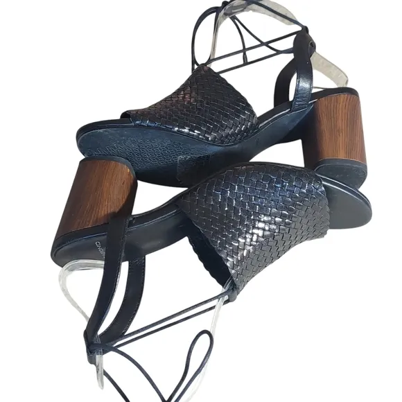 Vagabond Carol Black Leather Woven Strappy Block Heel Sandals