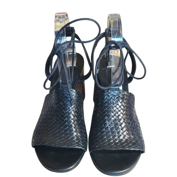 Vagabond Carol Black Leather Woven Strappy Block Heel Sandals