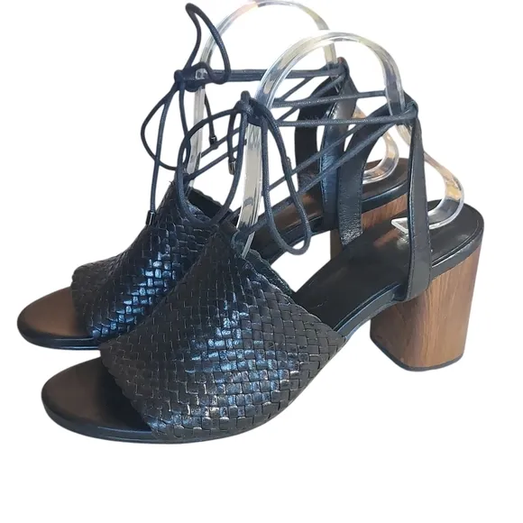Vagabond Carol Black Leather Woven Strappy Block Heel Sandals