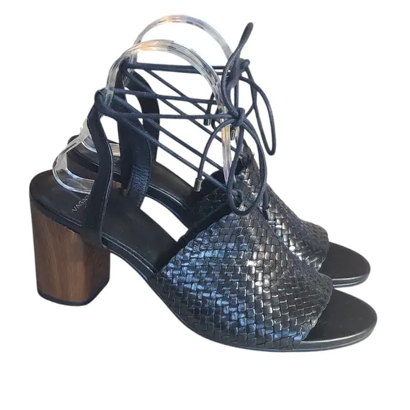 Vagabond Carol Black Leather Woven Strappy Block Heel Sandals