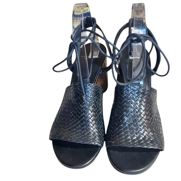 Vagabond Carol Black Leather Woven Strappy Block Heel Sandals