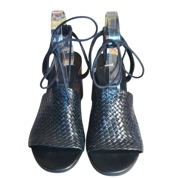 Vagabond Carol Black Leather Woven Strappy Block Heel Sandals