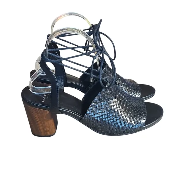 Vagabond Carol Black Leather Woven Strappy Block Heel Sandals