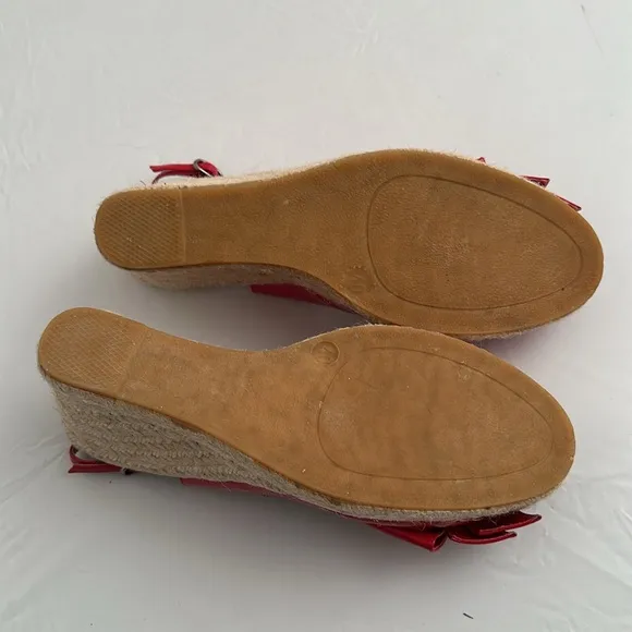 Valentino Garavani red patent leather bow wedge open toe espadrille sandals