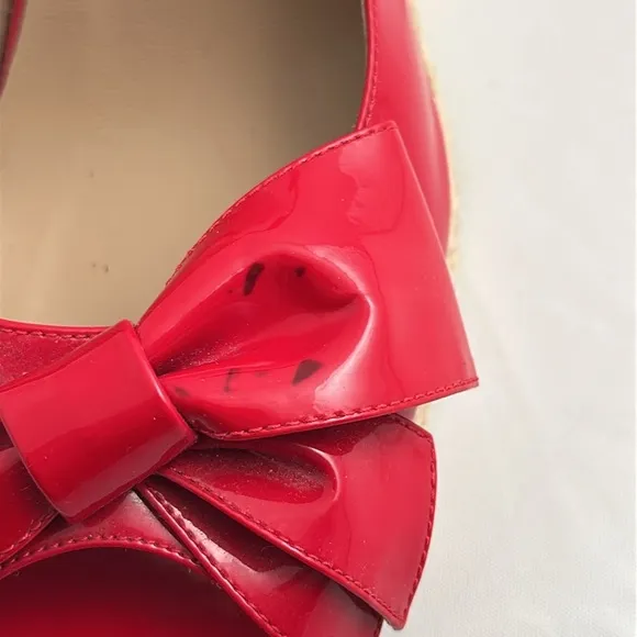 Valentino Garavani red patent leather bow wedge open toe espadrille sandals