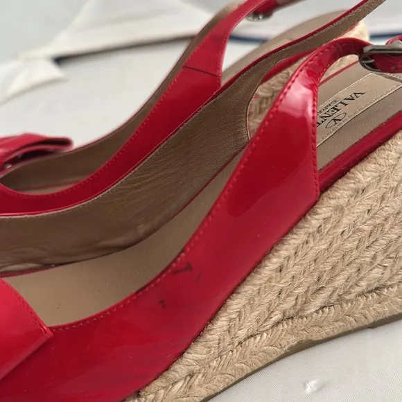 Valentino Garavani red patent leather bow wedge open toe espadrille sandals