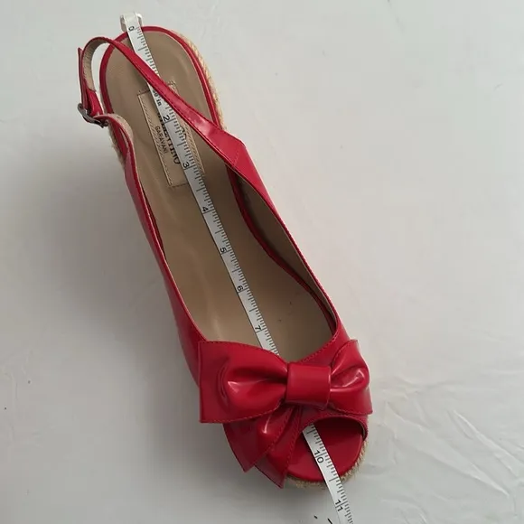 Valentino Garavani red patent leather bow wedge open toe espadrille sandals