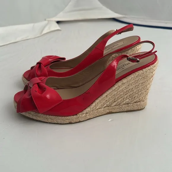 Valentino Garavani red patent leather bow wedge open toe espadrille sandals
