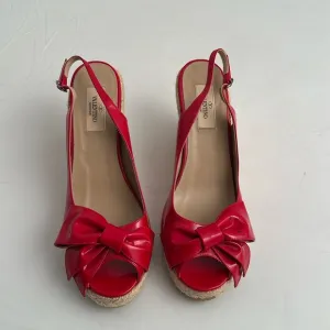 Valentino Garavani red patent leather bow wedge open toe espadrille sandals