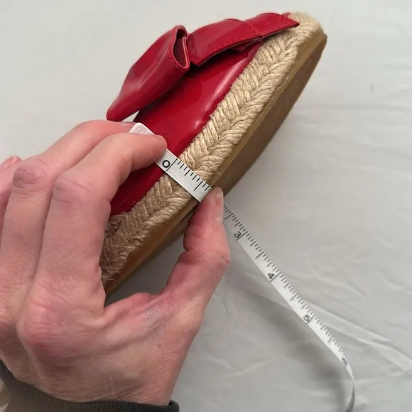 Valentino Garavani red patent leather bow wedge open toe espadrille sandals