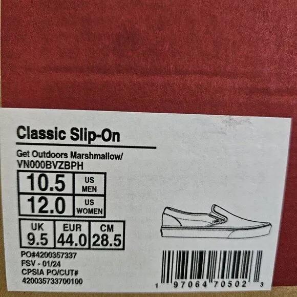 vans classic slip on get outdoors marshmallow men size 10.5