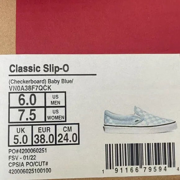 vans classic slip on checkboard baby blue size 7.5