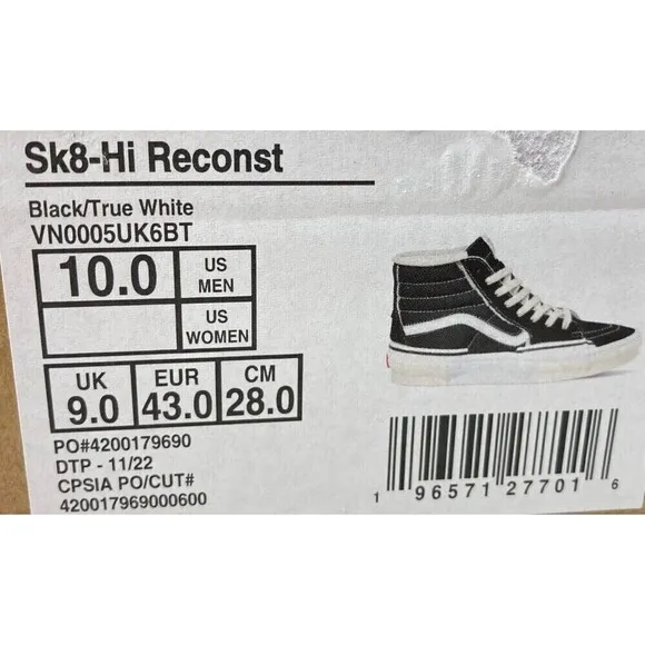 VANS SK8-Hi Reconst Men's Size 10 Black White Trainers Shoes