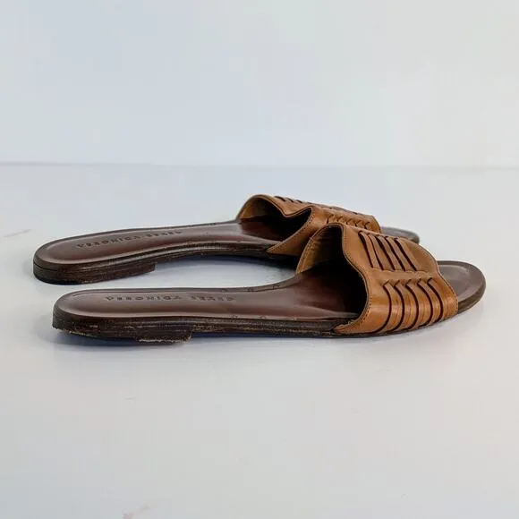 Veronica Beard Sandals Slides Womens EU 37 Brown Woven Leather Open Toe Flats