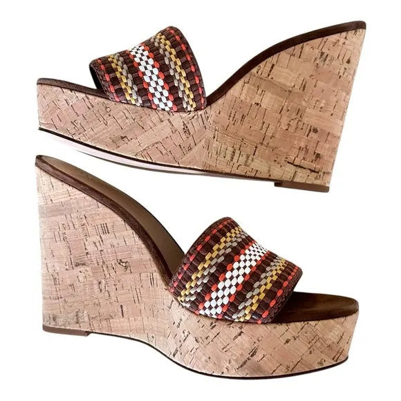 Veronica Beard Woven Cork Wedge Slide Sandals Size 9 Boho Summer Retro