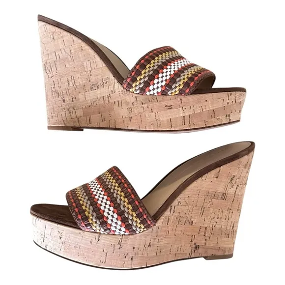 Veronica Beard Woven Cork Wedge Slide Sandals Size 9 Boho Summer Retro