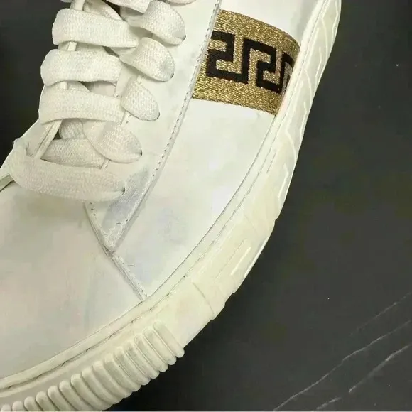 VERSACE La Greca Lace Up Low Top Sneakers White Gold size 40