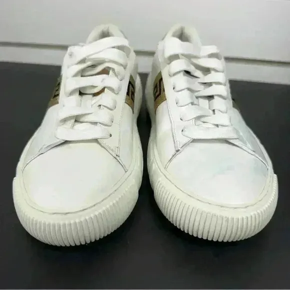 VERSACE La Greca Lace Up Low Top Sneakers White Gold size 40
