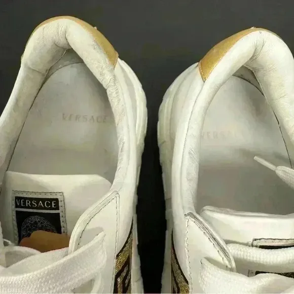 VERSACE La Greca Lace Up Low Top Sneakers White Gold size 40