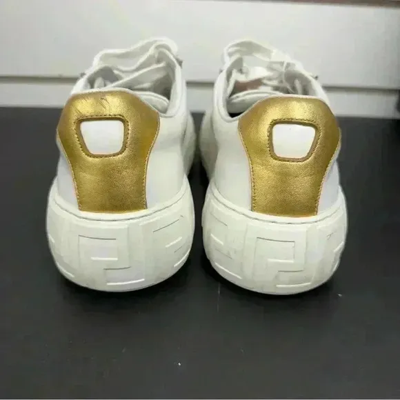 VERSACE La Greca Lace Up Low Top Sneakers White Gold size 40