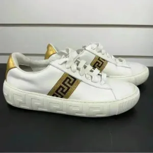 VERSACE La Greca Lace Up Low Top Sneakers White Gold size 40