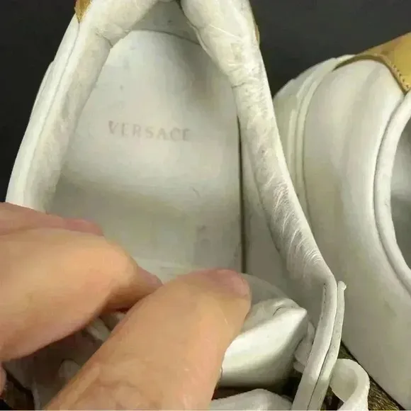 VERSACE La Greca Lace Up Low Top Sneakers White Gold size 40