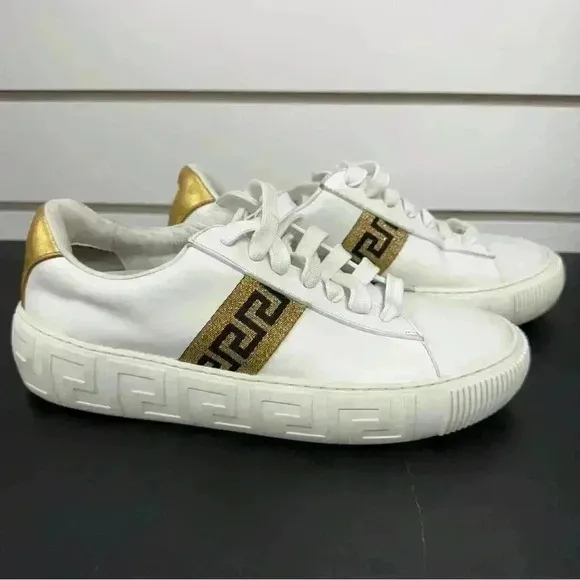 VERSACE La Greca Lace Up Low Top Sneakers White Gold size 40