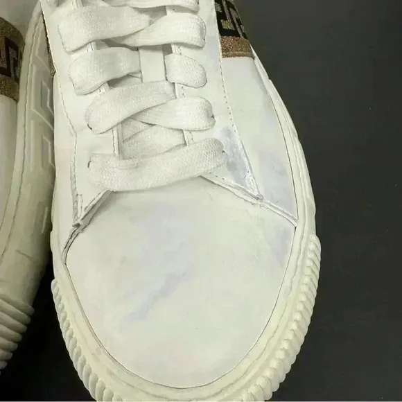 VERSACE La Greca Lace Up Low Top Sneakers White Gold size 40