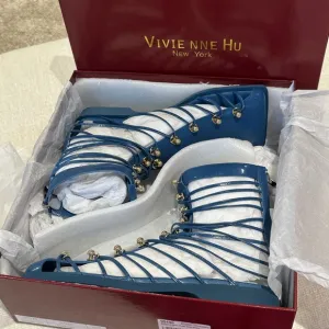 VHNY Vivienne Hu size 38 or 8 Cobalt Studded Leather Straps NEW w/Box &amp; Dust Bag