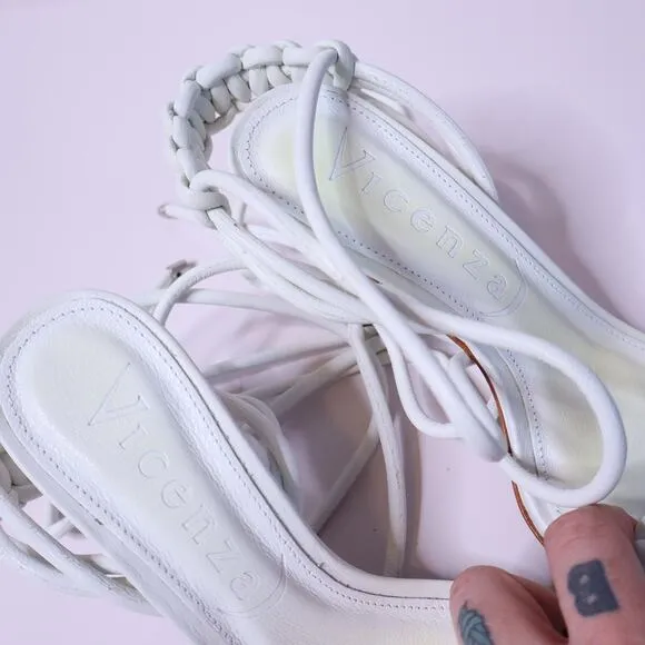 VICENZA Woven Ankle Lace Sandals White Open Square Toe Heel Women's 7