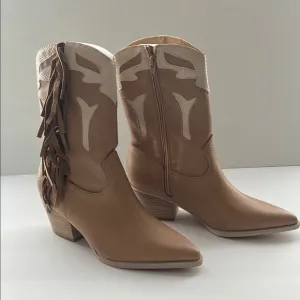 Vici Brown Cream Heeled Boots with Tassel Details Millie Nude Size 9