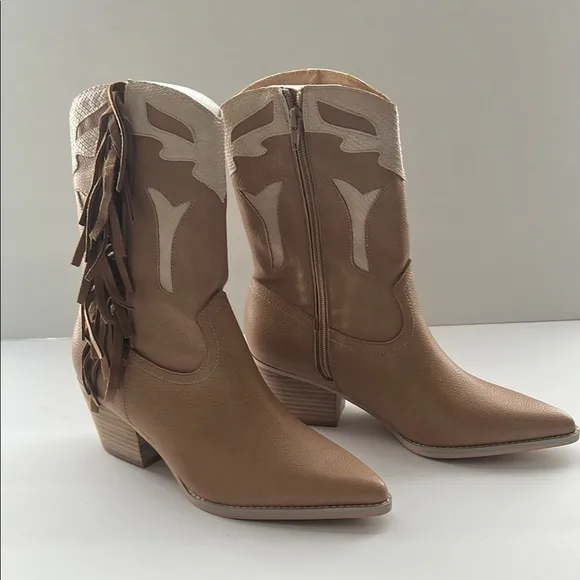 Vici Brown Cream Heeled Boots with Tassel Details Millie Nude Size 9
