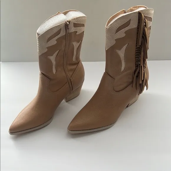 Vici Brown Cream Heeled Boots with Tassel Details Millie Nude Size 9