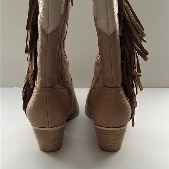 Vici Brown Cream Heeled Boots with Tassel Details Millie Nude Size 9