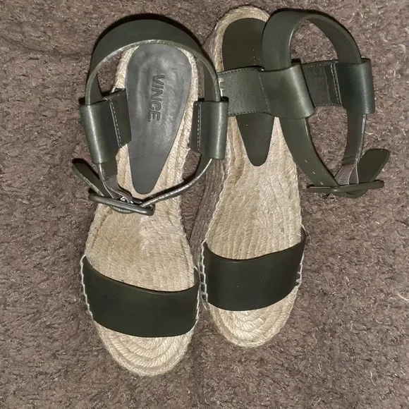 VINCE-Abby-Green Leather Espadrille Platform Sandals-Ankle Strap-Sz 7-Excellent