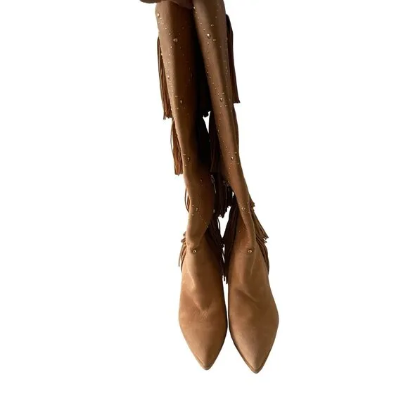Vince Camuto $269 Panaryaz Knee Tan Gold Stud Fringe Knee High Boot NEW