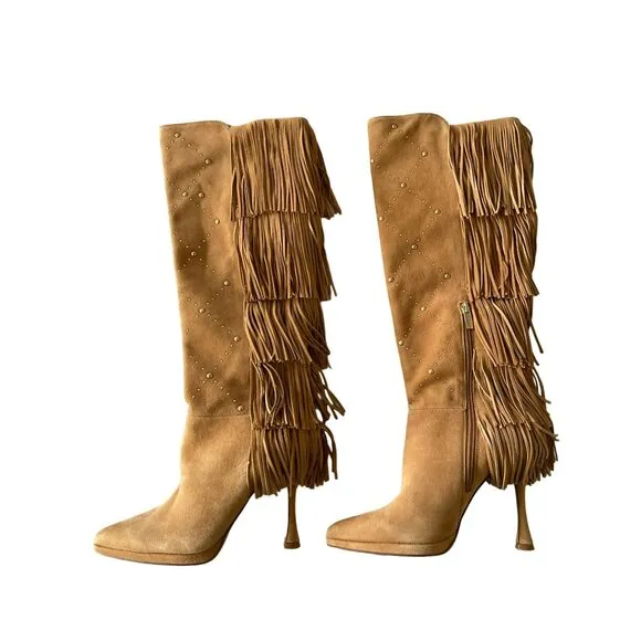 Vince Camuto $269 Panaryaz Knee Tan Gold Stud Fringe Knee High Boot NEW